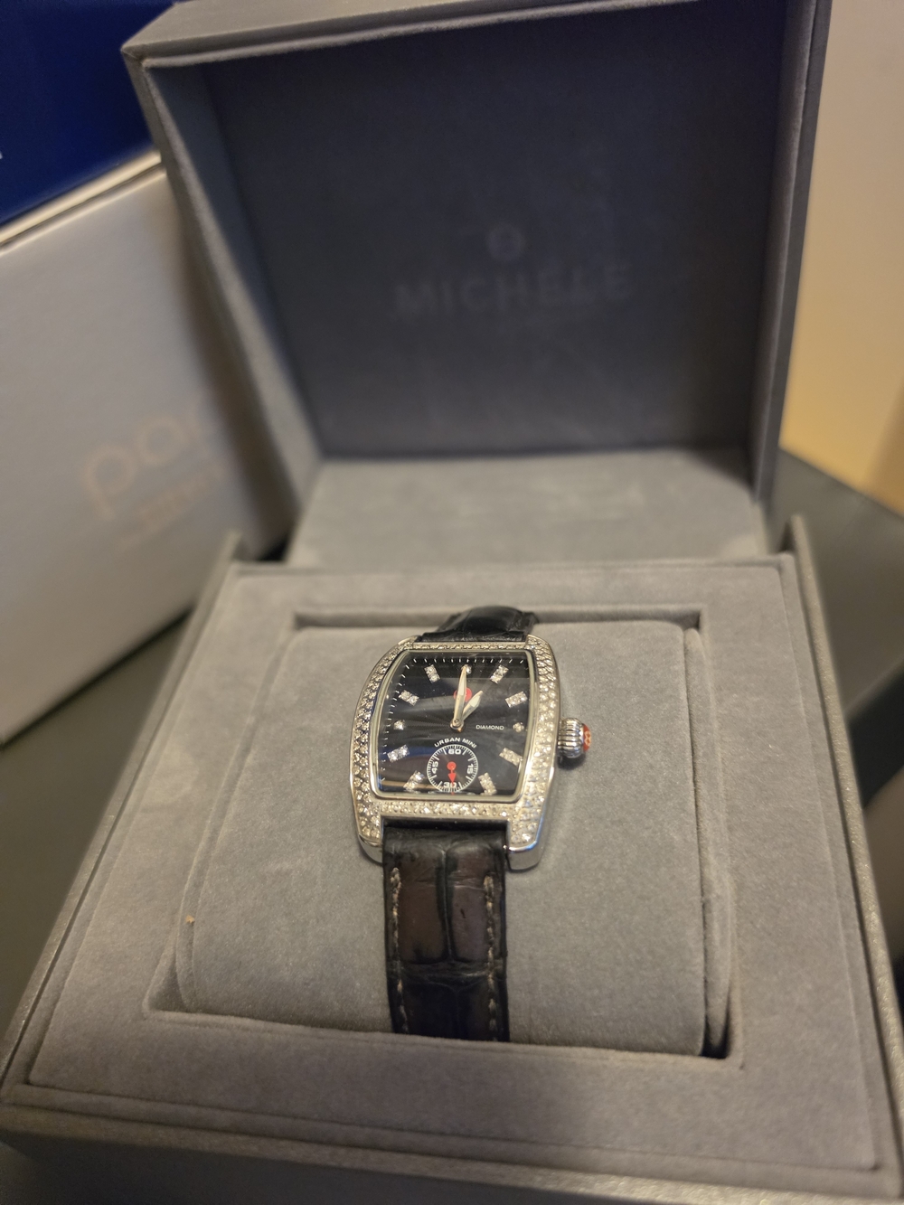 Michele Black Dial Black Leather Strap Diamond Bezel Womens Watch
